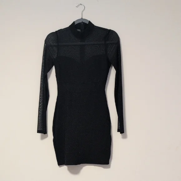 Black Long-Sleeve Mesh Yoke Bodycon Dress - Picture 1 of 6